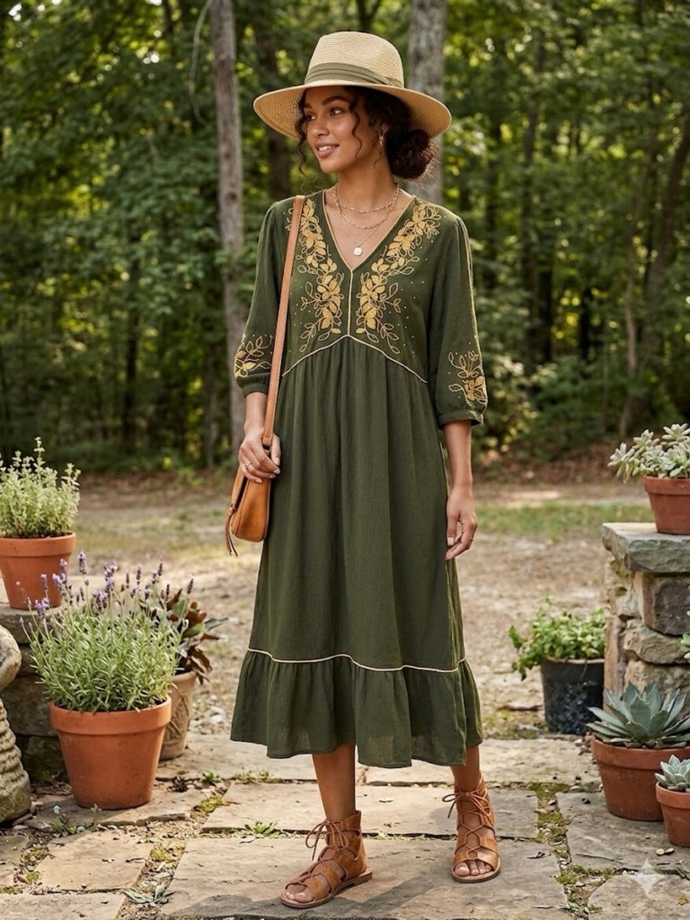 Fig + Flower Boho Embroidered V-Neck Dress - Olive
